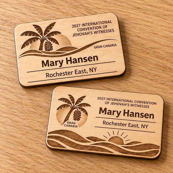 2027 International Convention Gran Canaria Personalized Birch Name Badge, Standard Kids Mini, Pin Magnetic or Lanyard