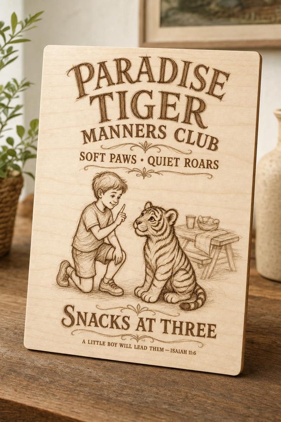 Natural birch engraved Paradise Tiger Manners Club wall sign with visible-faced illustrated people, close angled view in a realistic room showing the thin finished edge.