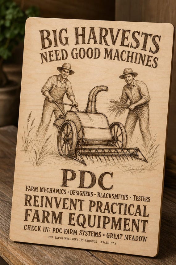 Natural birch engraved PDC Farm Machinery wall sign with visible-faced illustrated people, close angled view in a realistic room showing the thin finished edge.