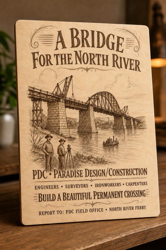 Natural birch engraved PDC North River Bridge wall sign with visible-faced illustrated people, close angled view in a realistic room showing the thin finished edge.