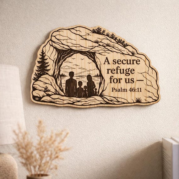 Psalm 46:11 Wood Scripture Plaque, Secure Refuge Bible Verse Sign, Birch Wall Decor, shown in an additional close-up listing view with visible shape and details.