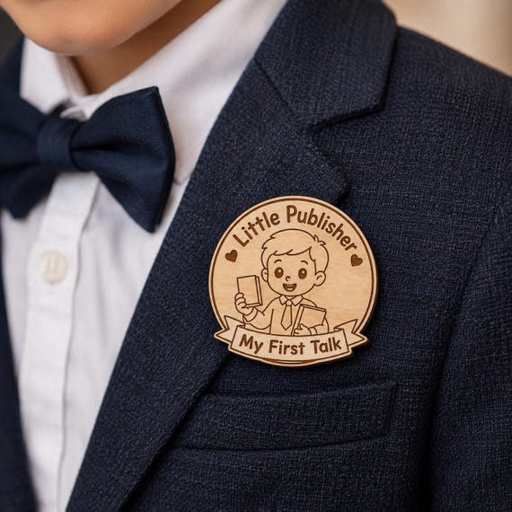 Personalized Little Publisher Wood Pin (boy or girl), Custom Achievement Badge, My First Talk (Magnet or Keychain), shown in another listing view highlighting visible design details.
