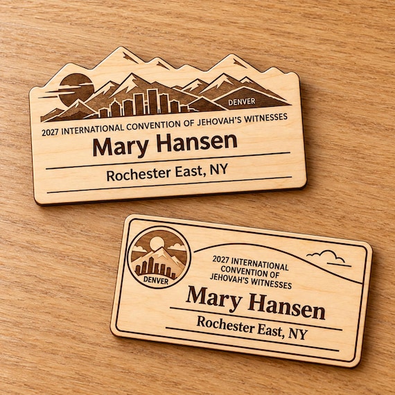 2027 International Convention Denver Personalized Birch Name Badge, Standard Kids Mini, Pin Magnetic or Lanyard