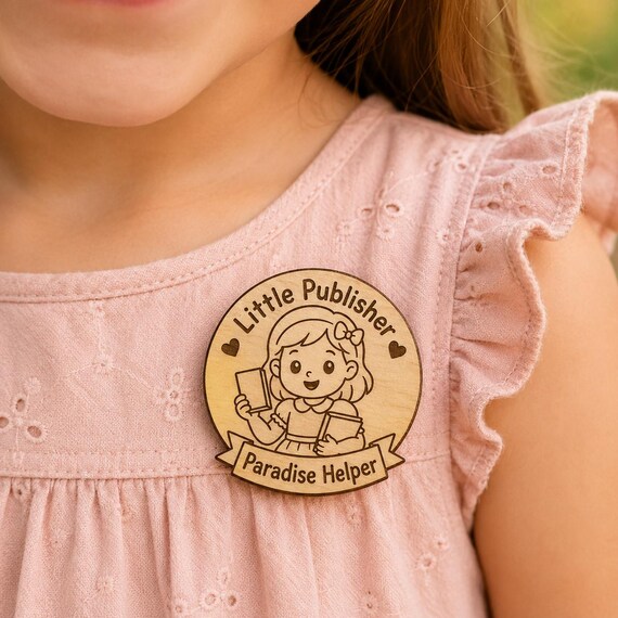 Personalized Little Publisher Wood Pin (boy or girl), Custom Achievement Badge, My First Talk (Magnet or Keychain), shown in an additional close-up listing view with visible shape and details.