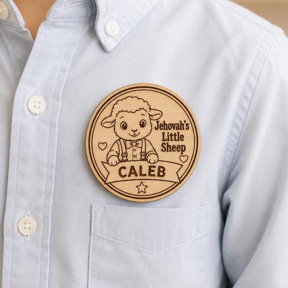 Personalized Jehovah’s Little Sheep Wood Badge Pin, Boy or Girl Lamb JW Name Pin, Lapel Pin Magnet or Keychain, shown in an additional close-up listing view with visible shape and details.