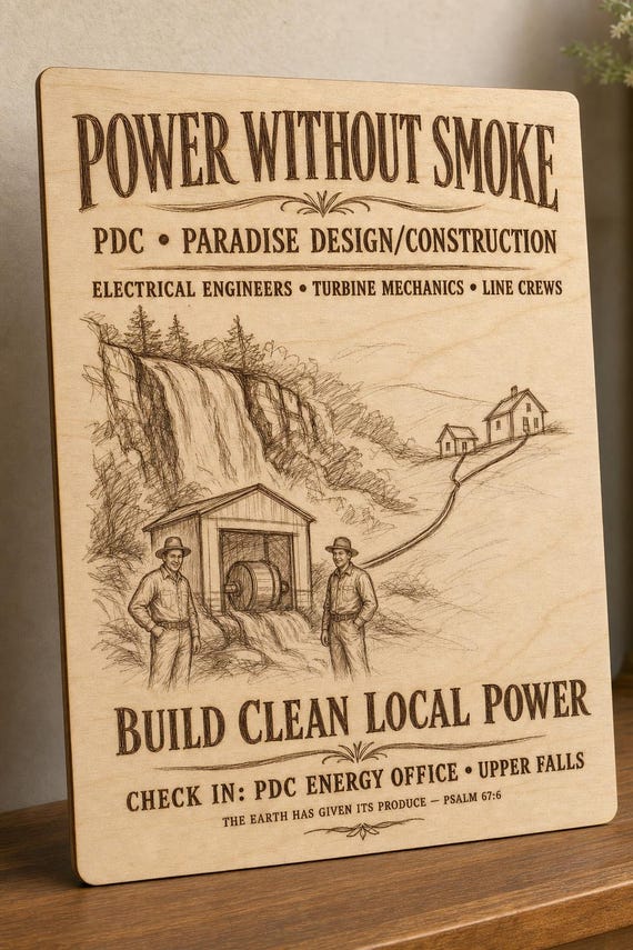 Natural birch engraved PDC Power Without Smoke wall sign with visible-faced illustrated people, close angled view in a realistic room showing the thin finished edge.