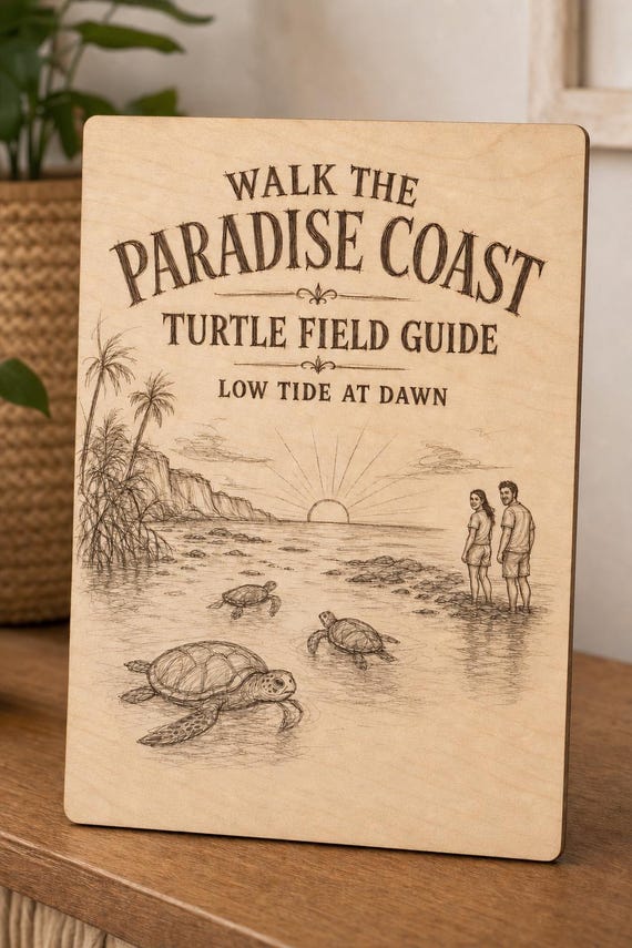 Natural birch engraved Paradise Coast Turtle Guide wall sign with visible-faced illustrated people, close angled view in a realistic room showing the thin finished edge.
