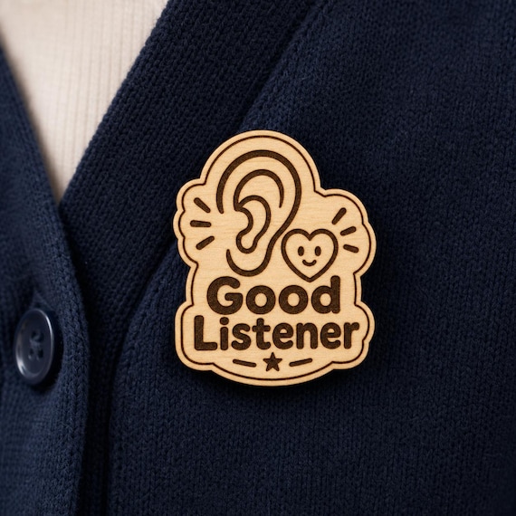 Listening Heart Engraved Birch Reward Badge, JW Kids Meeting Gift, Lapel Pin Magnet or Keychain