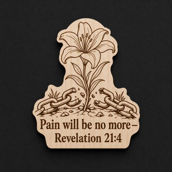 Revelation 21:4 Wood Scripture Plaque, Pain Will Be No More Sign, Birch Wall Decor, shown in an additional close-up listing view with visible shape and details.