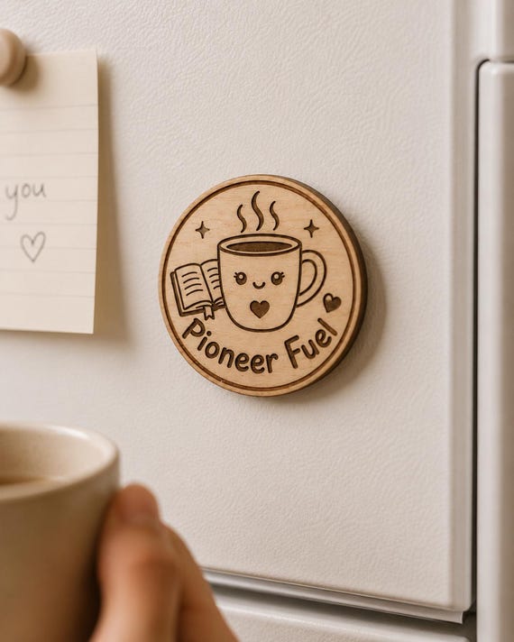 Pioneer Fuel Coffee Cup Pin, 2 Inch Birch Wood Accessory, Lapel Pin Magnet Keychain, shown in an additional close-up listing view with visible shape and details.