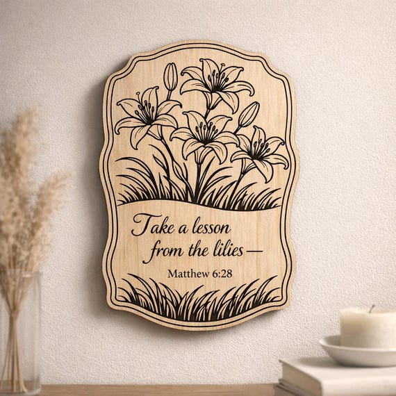 Matthew 6:28 Wood Scripture Plaque, Lilies Bible Verse Sign, Birch Floral Wall Decor