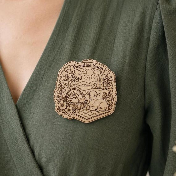 Paradise Soon Birch Pin, JW Picnic Scene Badge, Lamb Fruit Basket Floral Engraved Pin, Convention Gift, Ministry Bag Pin