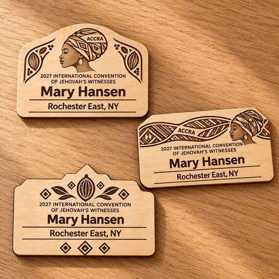 2027 International Convention Accra Personalized Birch Name Badge, Standard Kids Mini, Pin Magnetic or Lanyard