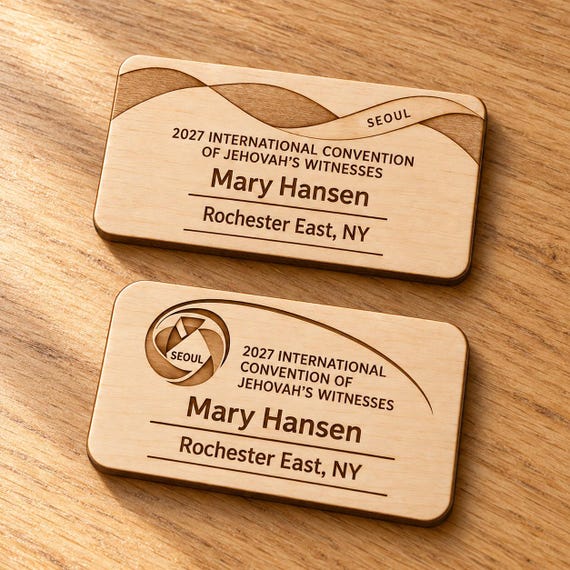 2027 International Convention Seoul Personalized Birch Name Badge, Standard Kids Mini, Pin Magnetic or Lanyard