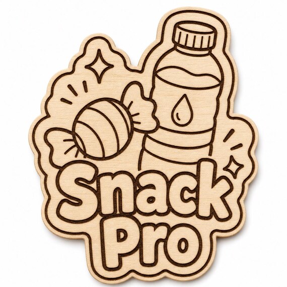 Convention Snack Pro engraved birch reward badge with Snack Pro artwork shown close up on white.