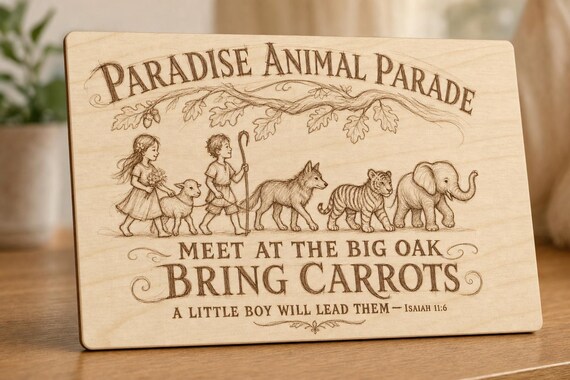 Natural birch engraved Paradise Animal Parade wall sign with visible-faced illustrated people, close angled view in a realistic room showing the thin finished edge.