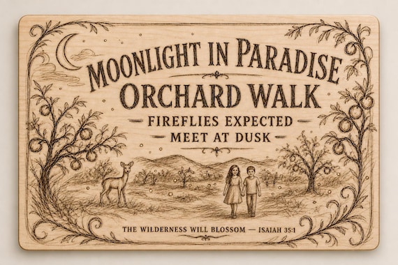 Moonlight Paradise Orchard Walk 0.236 in Birch Engraved Sign, JW Paradise Wall Decor and Gift