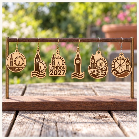 London 2027 International Convention Birch Earrings, Engraved City Design Jewelry