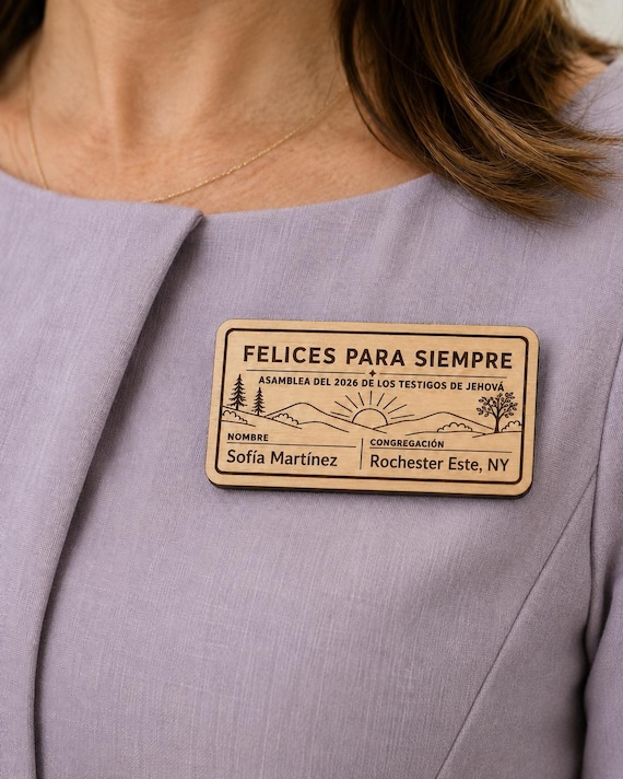 Mini birch convention badge in Spanish reading Felices para siempre, personalized for Sofía Martínez and Rochester Este, NY, worn on a lavender blouse.