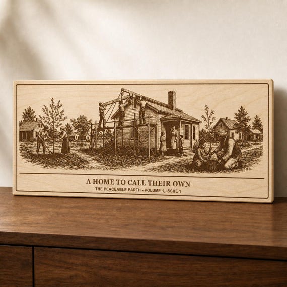 A Home to Call Their Own twelve-inch birch engraving displayed upright on a walnut console with all support concealed.