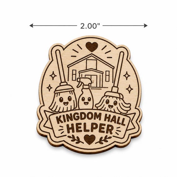 Kingdom Hall Helper Birch Pin, Engraved Cleaning Broom Mop Design, Ministry Bag Accessory, shown in an additional close-up listing view with visible shape and details.
