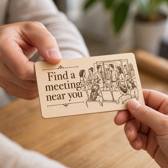 Welcome Path Meeting Contact Card being passed between two people in a close-up indoor scene.