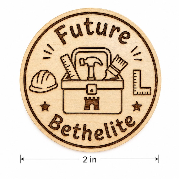 Future Bethelite Tool Kit Wood Pin, JW Youth Gift, Lapel Pin Magnet or Keychain, shown in an additional close-up listing view with visible shape and details.