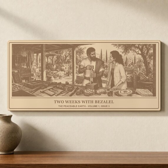 Two Weeks With Bezalel twelve-inch birch engraving mounted on an ivory wall above a wood console.