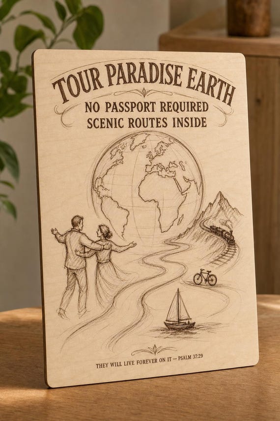 Natural birch engraved Tour Paradise Earth wall sign with visible-faced illustrated people, close angled view in a realistic room showing the thin finished edge.