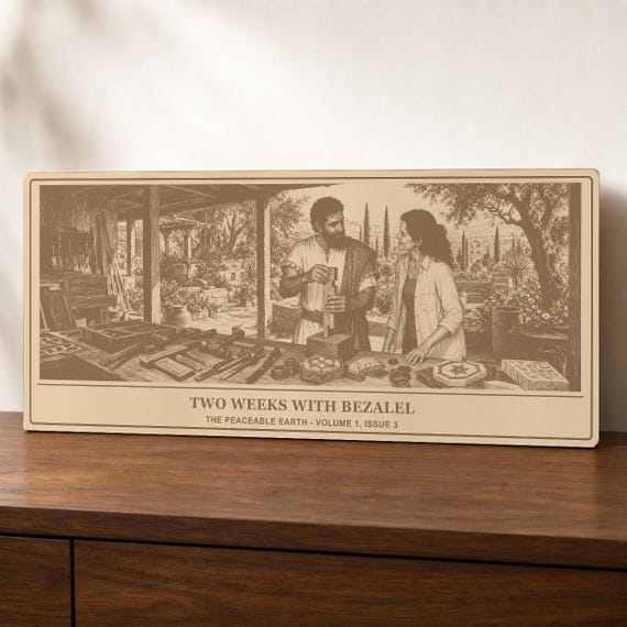 Two Weeks With Bezalel twelve-inch birch engraving displayed upright on a walnut console with all support concealed.