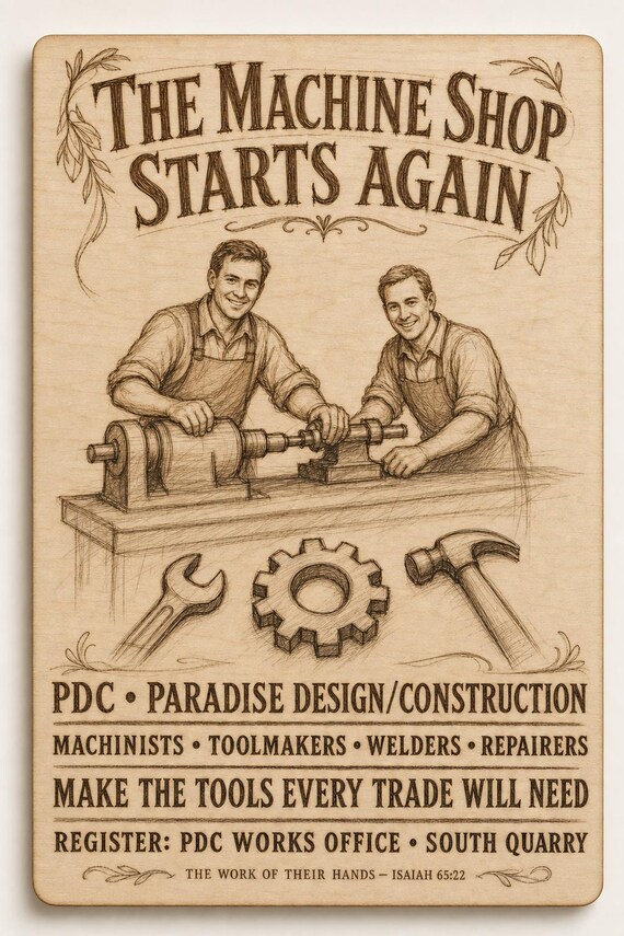 Paradise Design Construction Machine Shop Starts Again 0.236 in Birch Engraved Sign, Paradise Reconstruction Wall Decor