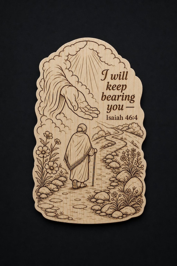 Isaiah 46:4 Wood Scripture Plaque, I Will Keep Bearing You Sign, Birch Wall Decor, shown in an additional close-up listing view with visible shape and details.