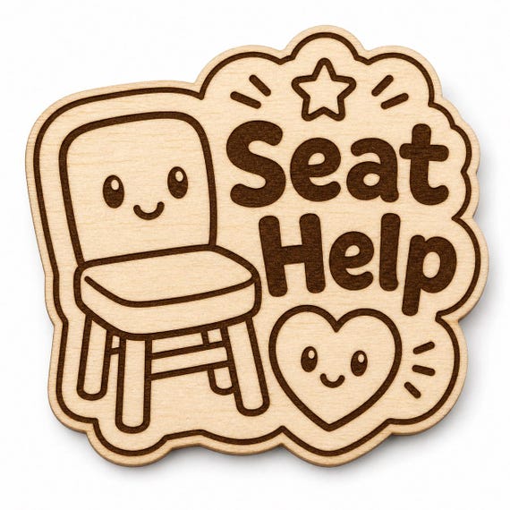 Helping Seat engraved birch reward badge with Seat Help artwork shown close up on white.
