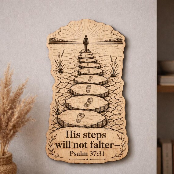 Psalm 37:31 Wood Scripture Plaque, His Steps Will Not Falter Sign, Birch Wall Decor