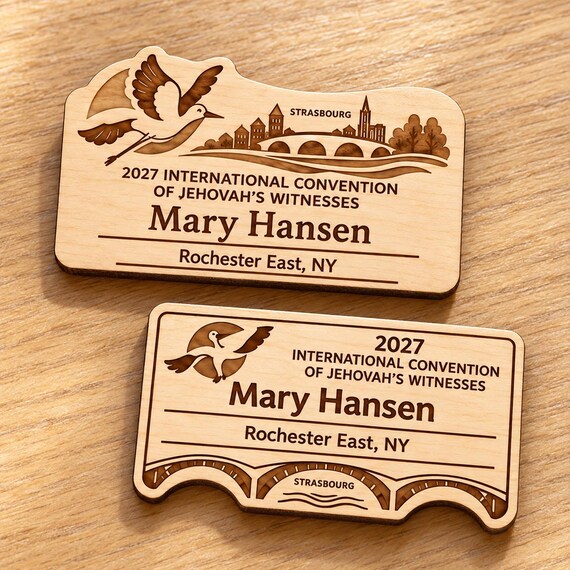 2027 International Convention Strasbourg Personalized Birch Name Badge, Standard Kids Mini, Pin Magnetic or Lanyard