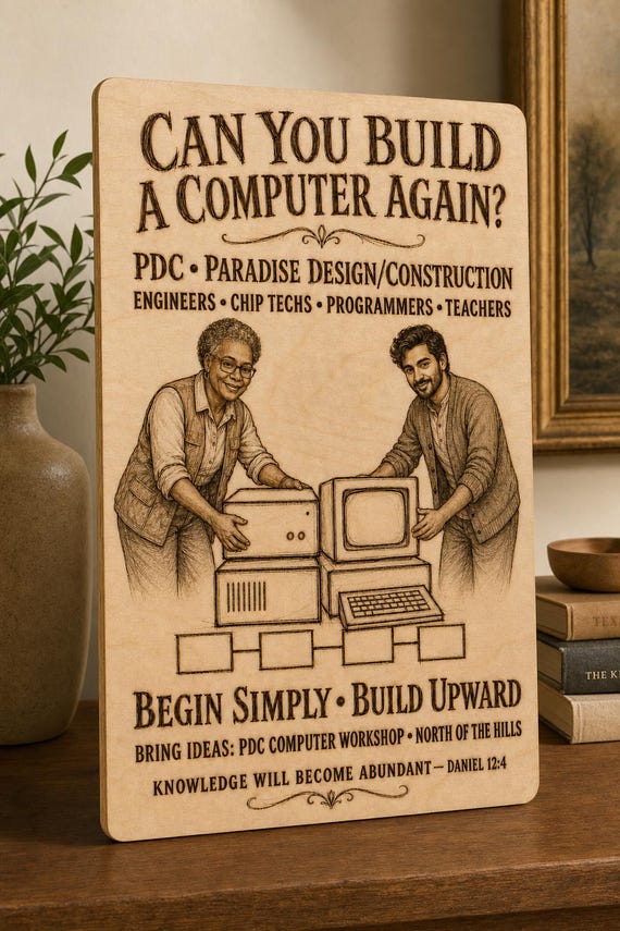 Natural birch engraved Paradise Design Construction Build a Computer Again sign with the same visible-faced older Black woman engineer and younger South Asian male technician, close angled view in a realistic room showing the thin finished edge.
