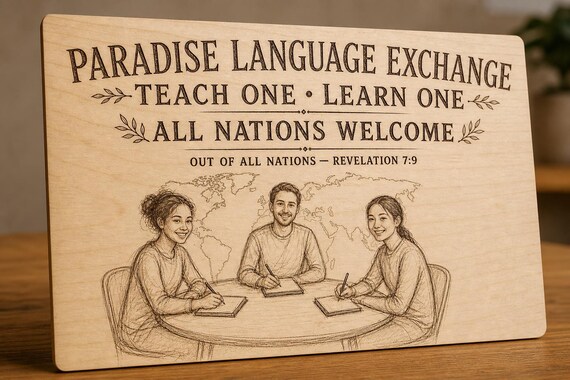 Natural birch engraved Paradise Language Exchange wall sign with visible-faced illustrated people, close angled view in a realistic room showing the thin finished edge.