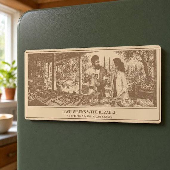 Two Weeks With Bezalel Birch Engraving, Wood Magnet or Wall Art, Peaceable Earth Volume 1 Issue 3