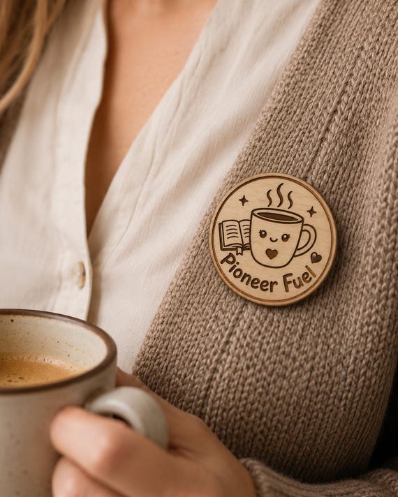 Pioneer Fuel Coffee Cup Pin, 2 Inch Birch Wood Accessory, Lapel Pin Magnet Keychain