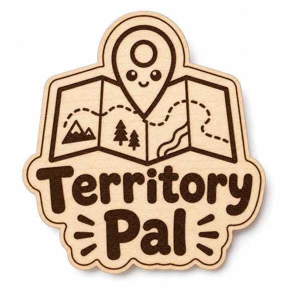 Map Mate Territory Pal engraved birch reward badge with Territory Pal artwork shown close up on white.