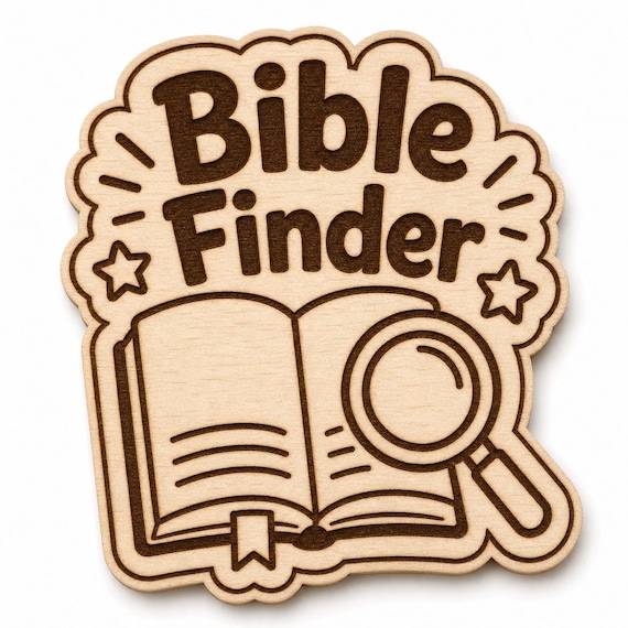 Page Scout Bible Finder engraved birch reward badge with Bible Finder artwork shown close up on white.