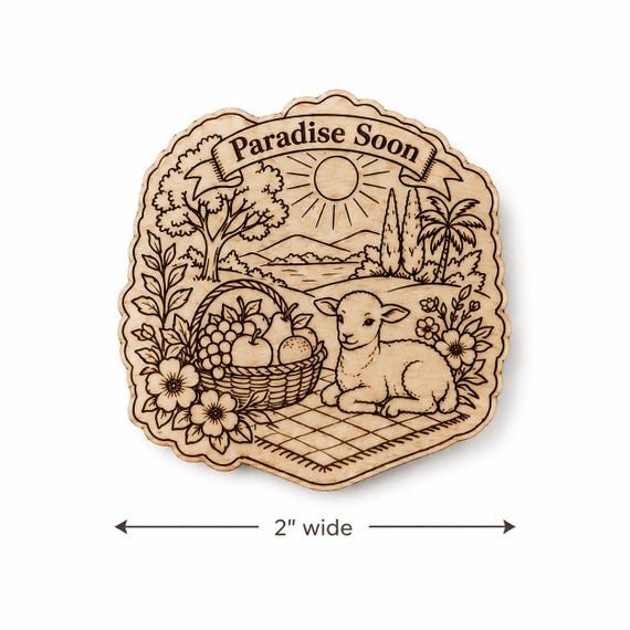 Paradise Soon Birch Pin, JW Picnic Scene Badge, Lamb Fruit Basket Floral Engraved Pin, Convention Gift, Ministry Bag, shown in an additional close-up listing view with visible shape and details.