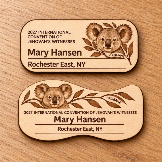2027 International Convention Brisbane Personalized Birch Name Badge, Standard Kids Mini, Pin Magnetic or Lanyard