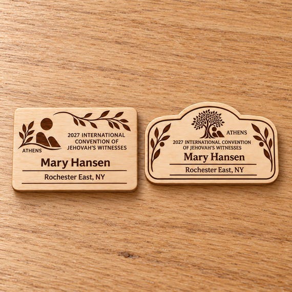 2027 International Convention Athens Personalized Birch Name Badge, Standard Kids Mini, Pin Magnetic or Lanyard