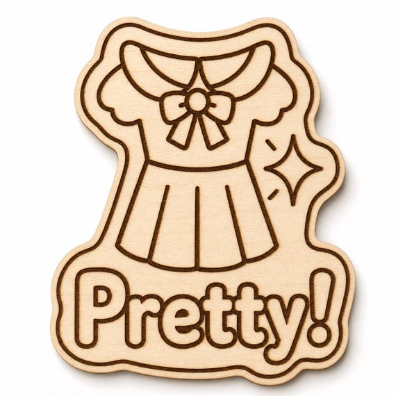 Sunday Best Sparkle engraved birch reward badge with Pretty! artwork shown close up on white.