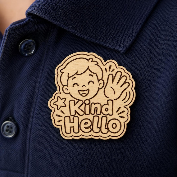 Friendly Wave Kind Hello Engraved Birch Reward Badge, JW Kids Meeting Gift, Lapel Pin Magnet or Keychain