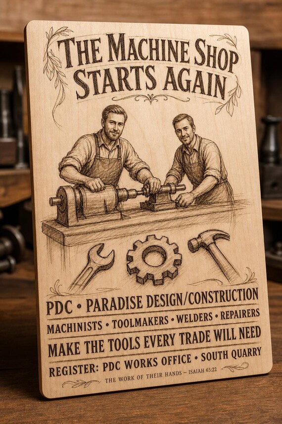 Natural birch engraved PDC Machine Shop Starts Again wall sign with visible-faced illustrated people, close angled view in a realistic room showing the thin finished edge.