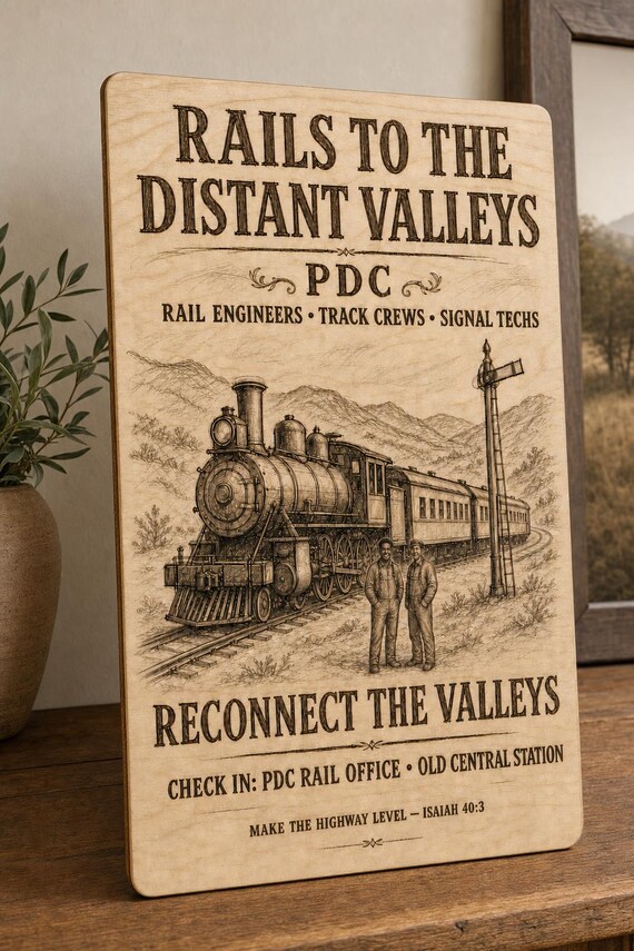 Natural birch engraved Paradise Design Construction Rails to the Distant Valleys sign with the same two visible-faced rail workers, including a Black man on the left, close angled view in a realistic room showing the thin finished edge.
