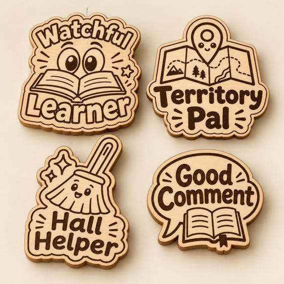 Kids Meeting and Ministry Reward Pins | Choose from 19 Engraved Birch Designs