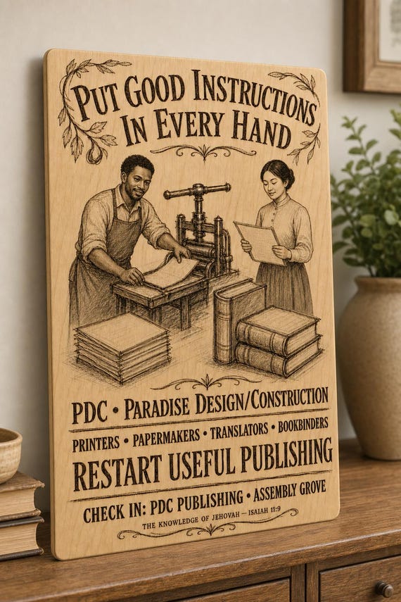 Natural birch engraved Paradise Design Construction Useful Publishing sign with the same visible-faced Black male printer and East Asian female translator in varied practical clothing, close angled view in a realistic room showing the thin finished edge.